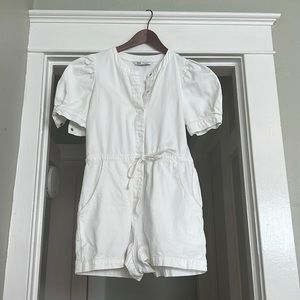 White Zara Denim Romper with Puff Sleeves